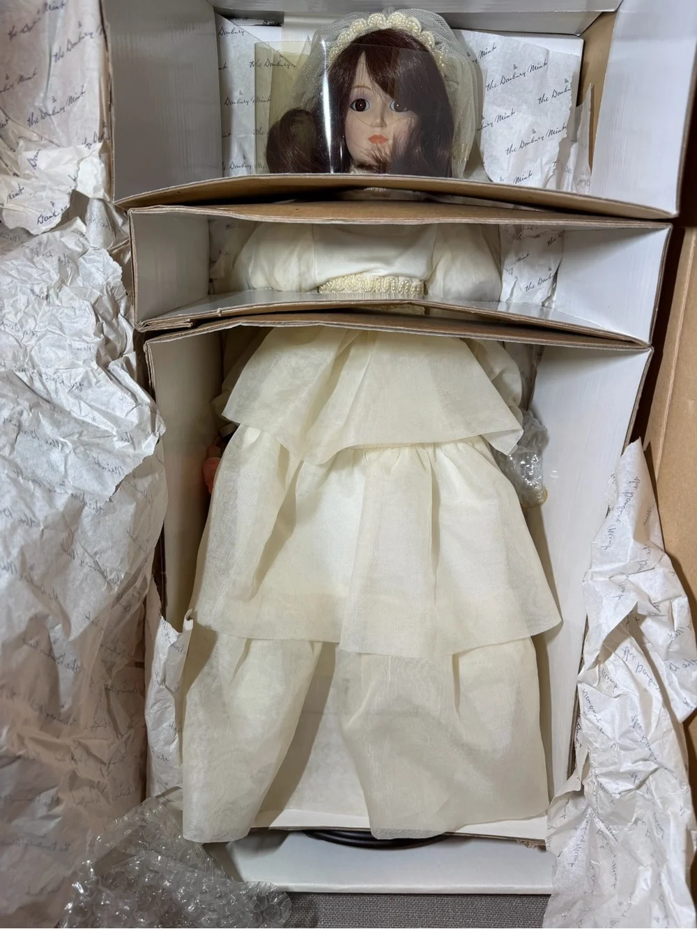 Danbury Mint Cream Tiered Bridal Doll with Brown Hair